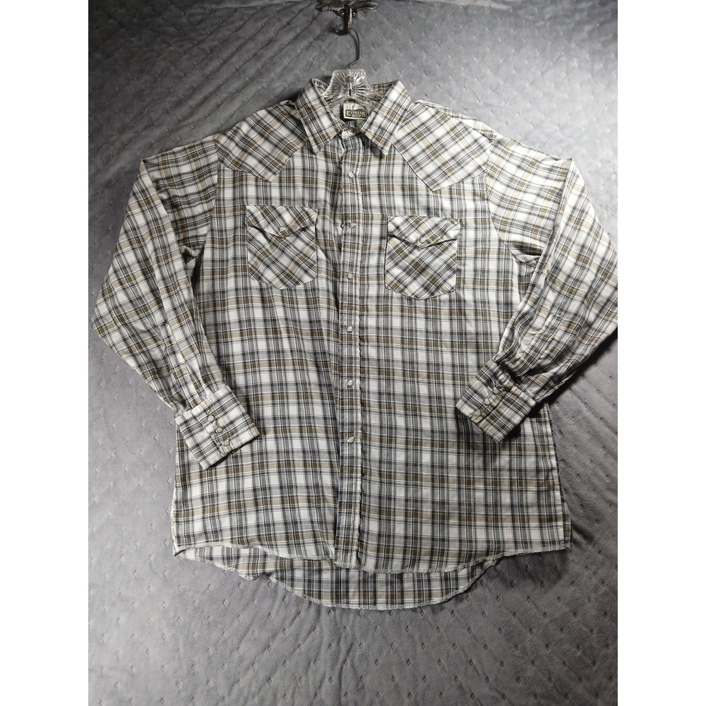Vintage 90s Express Rider Plaid Pearl Snap Western Shirt Mens XL Olive Brown